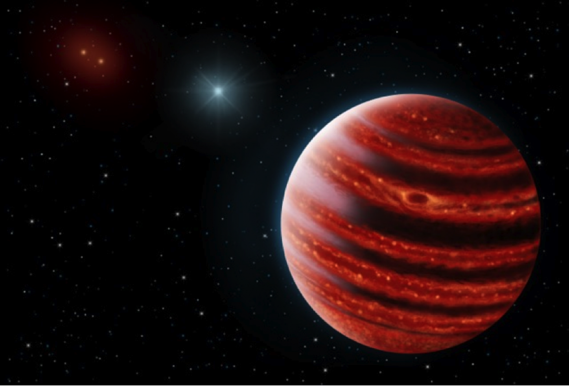 An artistic conception of the Jupiter-like exoplanet 51 Eridani b, seen in the near-infrared light that shows the hot layers deep in its atmosphere glowing through clouds. Because of its young age, this cousin of our own Jupiter is still hot and carries i An artistic conception of the Jupiter-like exoplanet 51 Eridani b, seen in the near-infrared light that shows the hot layers deep in its atmosphere glowing through clouds. Because of its young age, this cousin of our own Jupiter is still hot and carries i